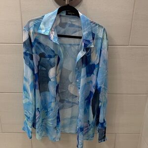Light Blue Floral Print Button-Up Shirt Jacket